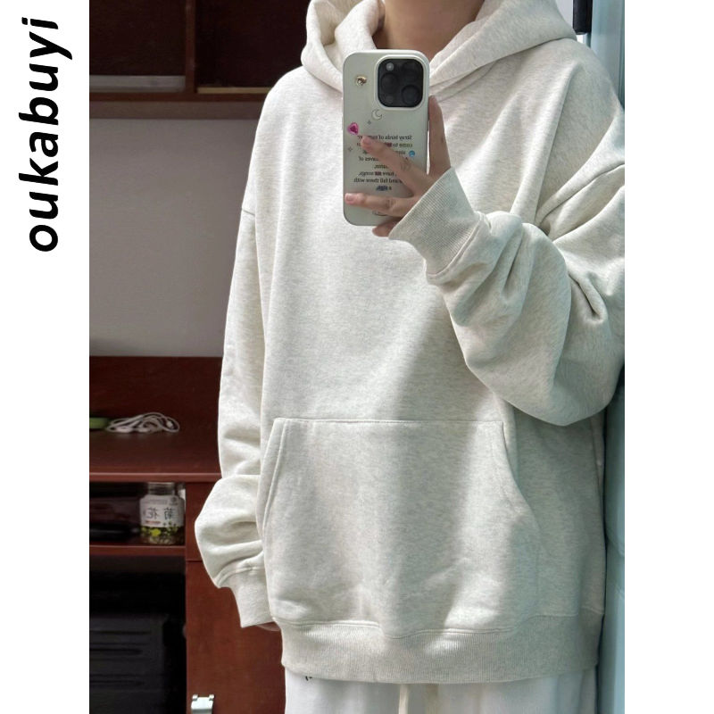 OUKABUYI450G重磅銀狐絨純棉連帽衛衣女純色學院清新小眾百搭上衣