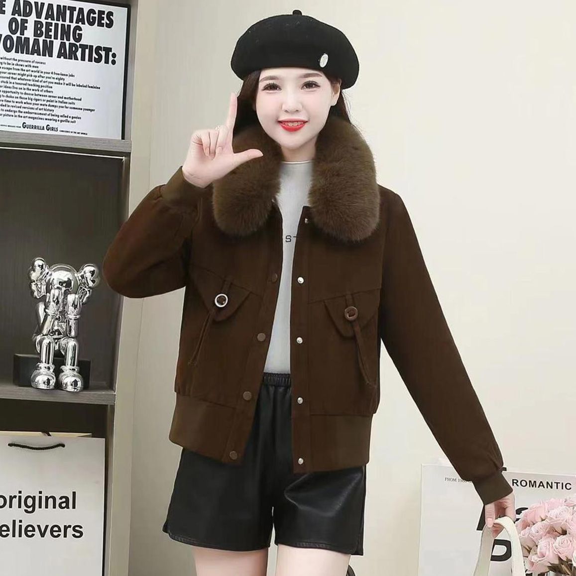 冬季时尚气质显瘦短款加绒加厚毛领夹克外套女士洋气百搭韩版保暖