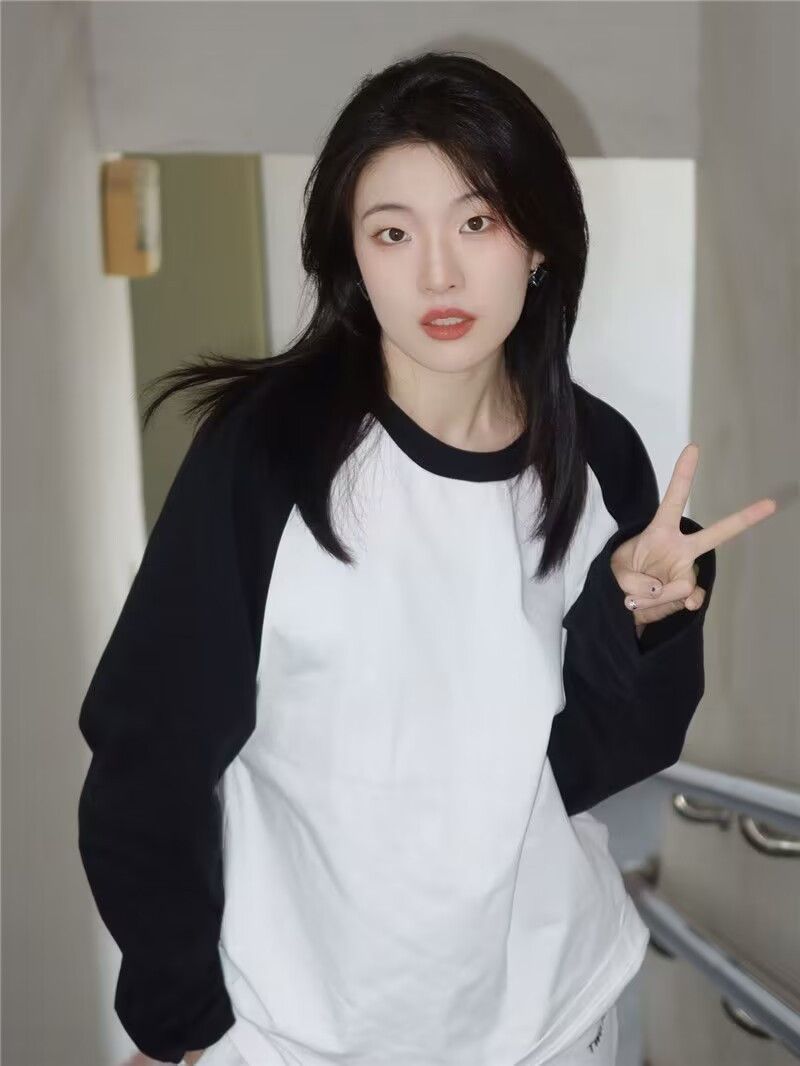 黑白撞色插肩長袖t恤女2023春秋新款寬鬆港味chic上衣內搭打底衫
