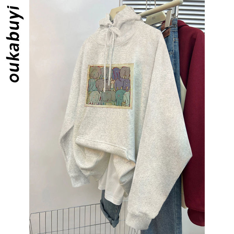 OUKABUYI450G重磅銀狐絨純棉連帽衛衣女街頭藝術情侶保暖寬鬆上衣