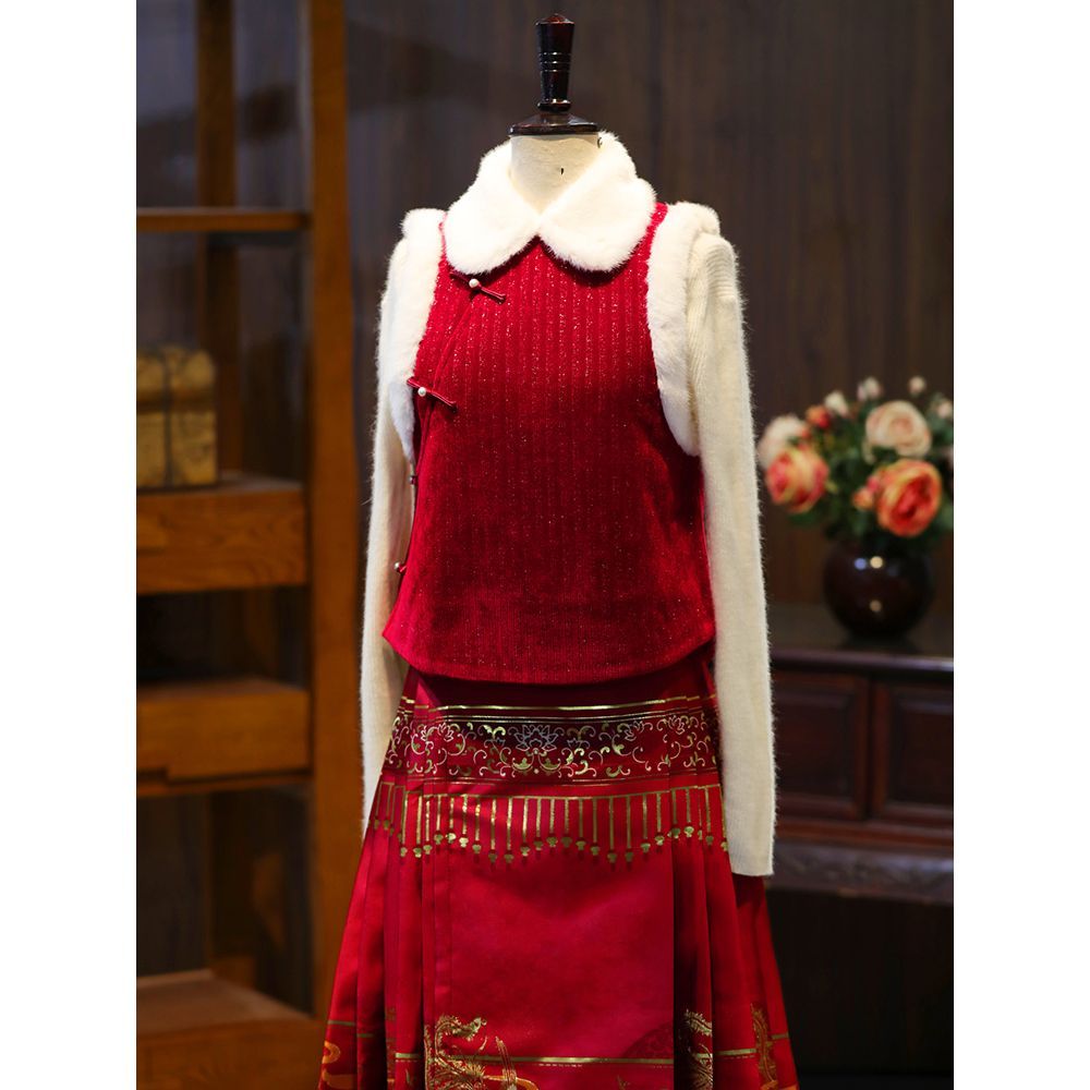 红色国风超仙秋冬马甲女装新中式过年拜年服旗袍订婚礼裙平时可穿