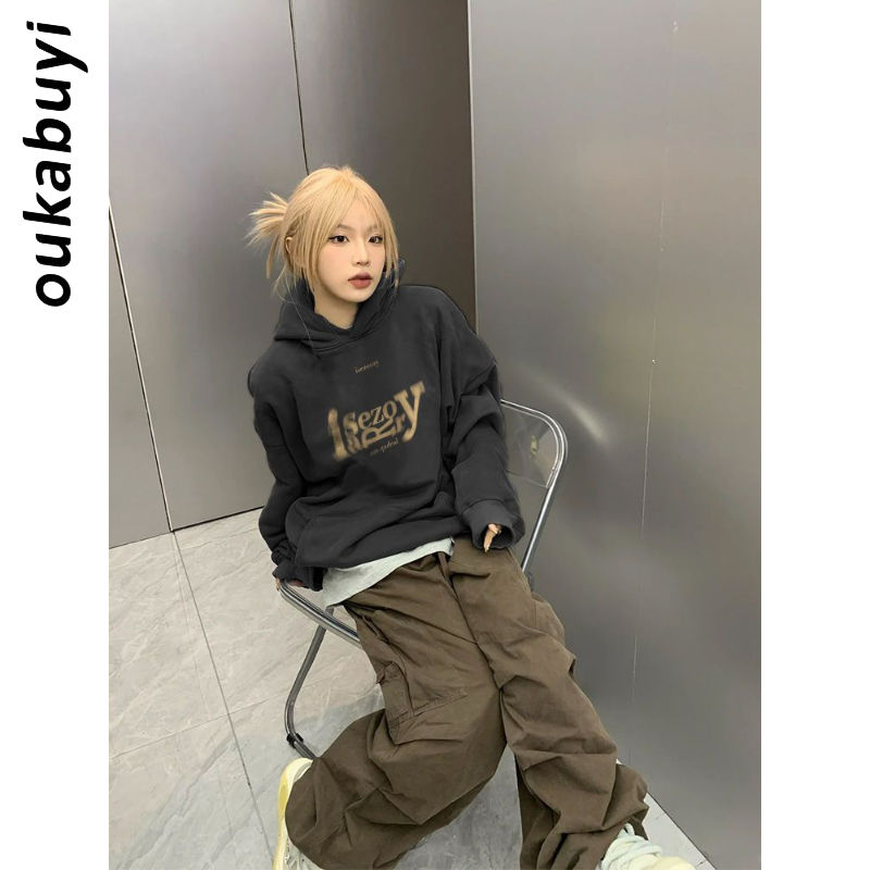 OUKABUYI450G重磅銀狐絨純棉連帽衛衣女美式復古個性設計感上衣服