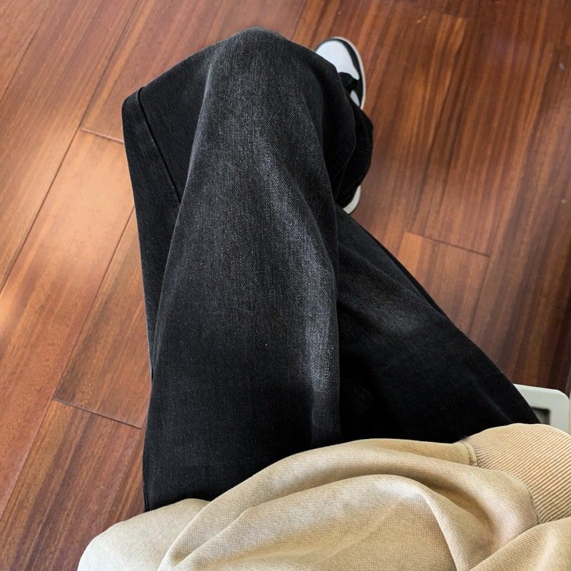 American vibe style black and gray versatile jeans for men, trendy brand handsome straight-leg loose high street vibe casual floor mopping pants
