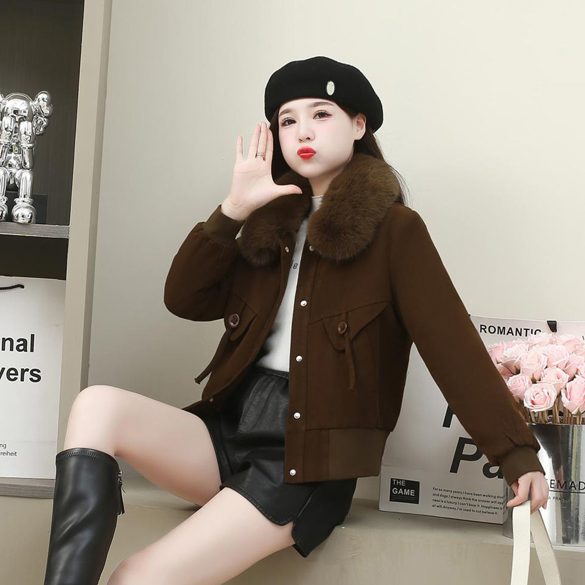 冬季時尚氣質顯瘦短款加絨加厚毛領夾克外套女士洋氣百搭韓版保暖