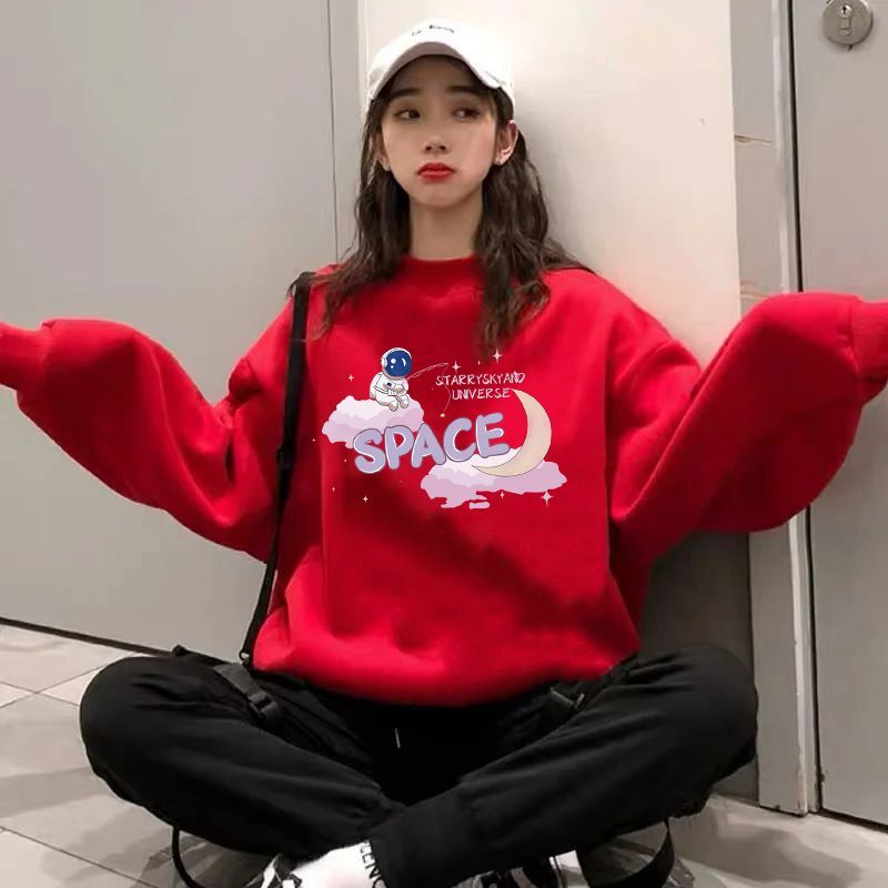 紅色衛衣女秋冬加絨加厚無帽圓領小個子韓版紅色龍年本命年衣服
