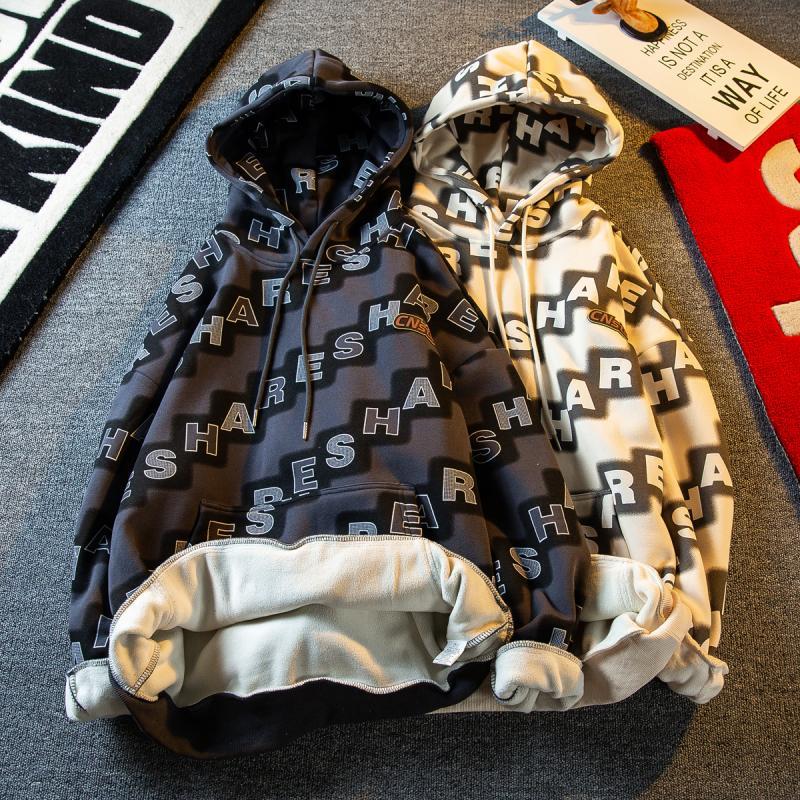 Paul trendy American all-print hooded sweatshirt for men autumn and winter plus velvet and thickened European and American trendy brand loose hip-hop jacket