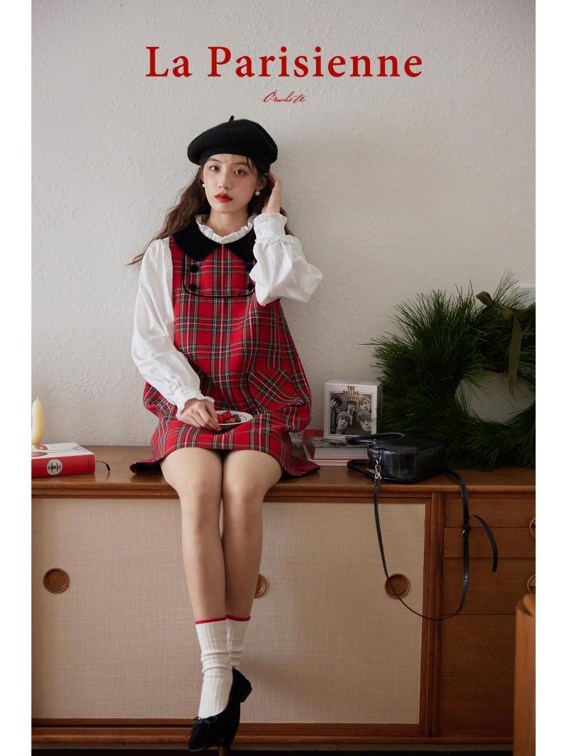法式復古娃娃領背心裙女春秋款設計感小眾甜美內搭寬鬆格紋背心裙
