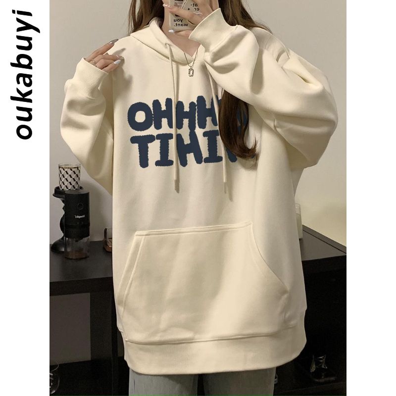 OUKABUYI450G重磅銀狐絨純棉連帽衛衣女街頭簡約字母學生百搭上衣