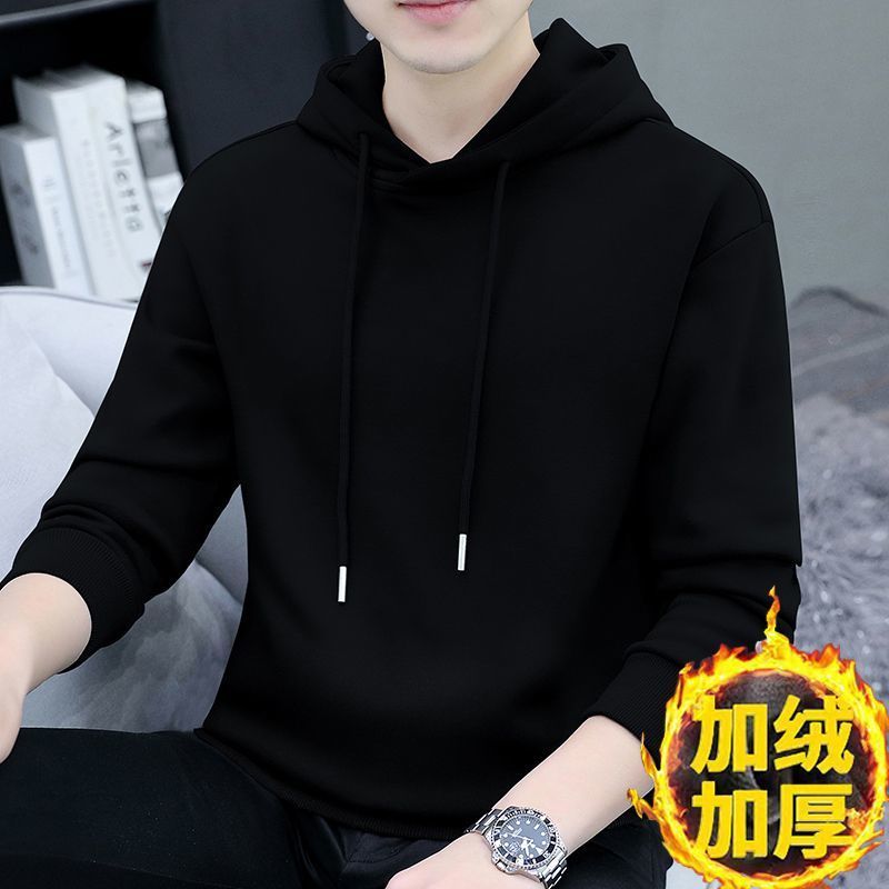 Men's fleece hooded sweatshirt winter 2023 new casual versatile trendy men's solid color thickened warm top