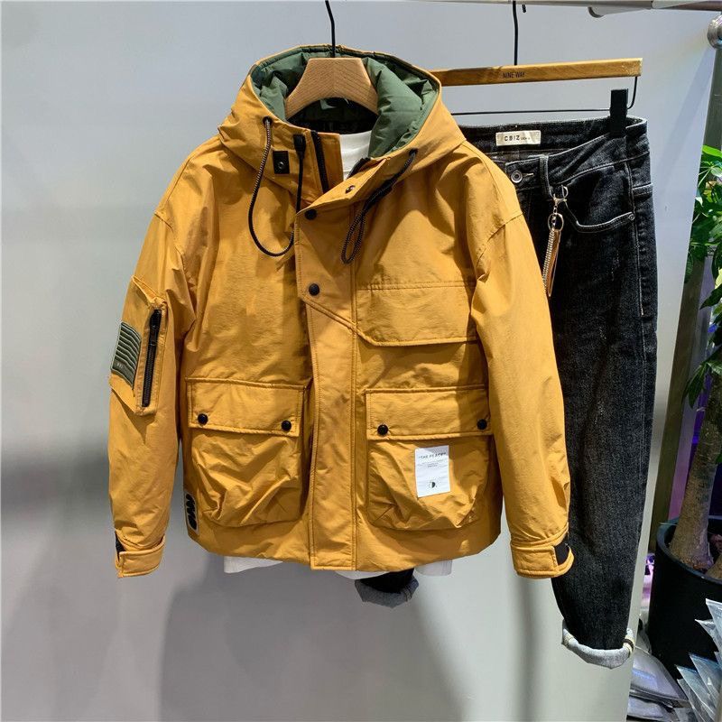 冬季新款潮牌拼接撞色連帽棉服男士個性貼標工裝戶外寬鬆棉衣外套