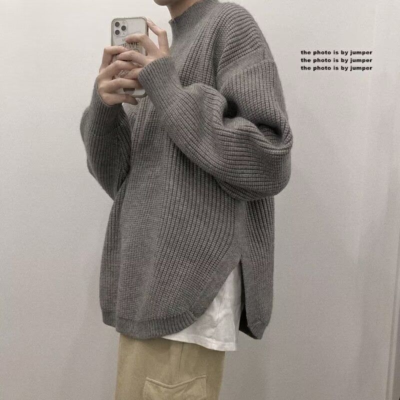Slit solid color sweaters for men and women, casual and versatile, soft and waxy autumn and winter trendy, lazy, high-end loose ins student sweaters