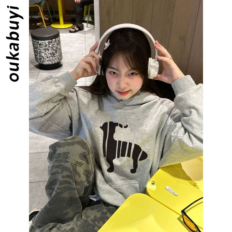 OUKABUYI450G重磅銀狐絨純棉連帽衛衣女日系時尚印花不起球上衣潮