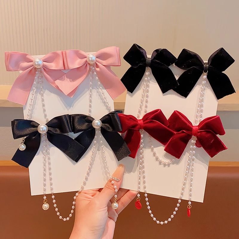 Children's red bow hairpin baby princess tassel New Year's headdress girl's pearl hairpin little girl's New Year