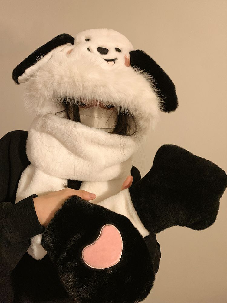 Cute puppy with moving ears, plush hat, scarf and gloves, one-piece women's winter warm plus velvet and thickened three-piece set