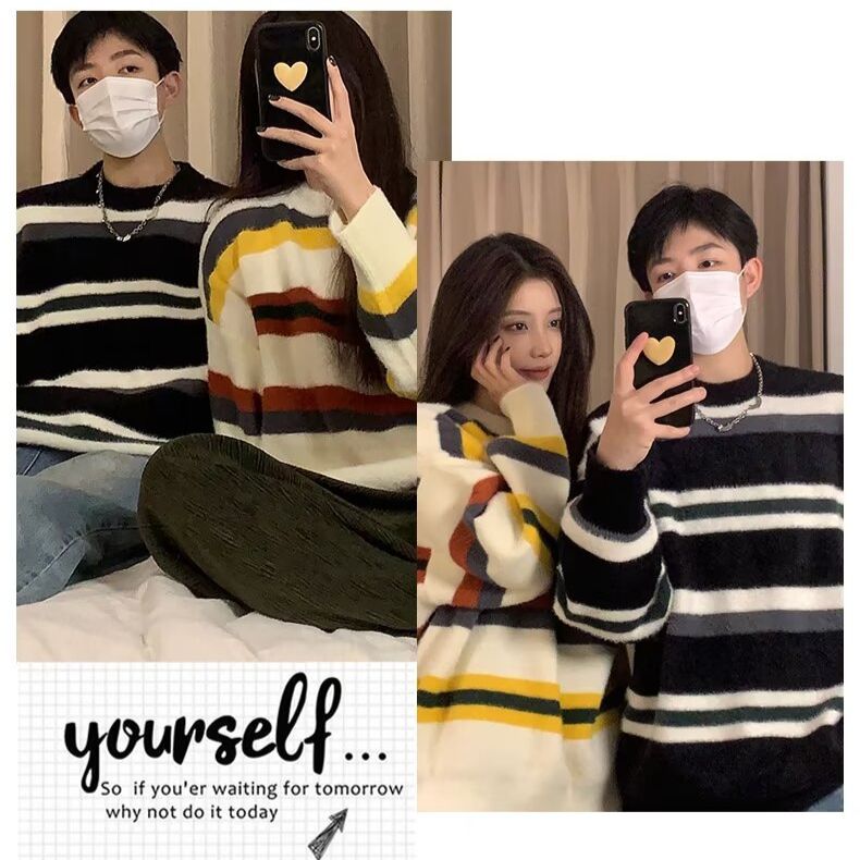 Dopamine color striped sweaters for male couples trendy niche soft and waxy autumn and winter lazy loose ins versatile sweaters