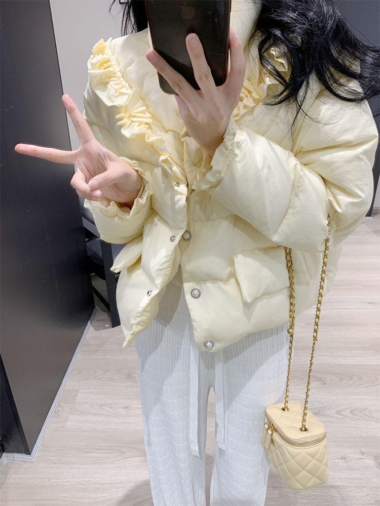 韓版洋氣時尚短款棉服女秋冬新款甜美小眾花邊設計感休閒保暖棉服