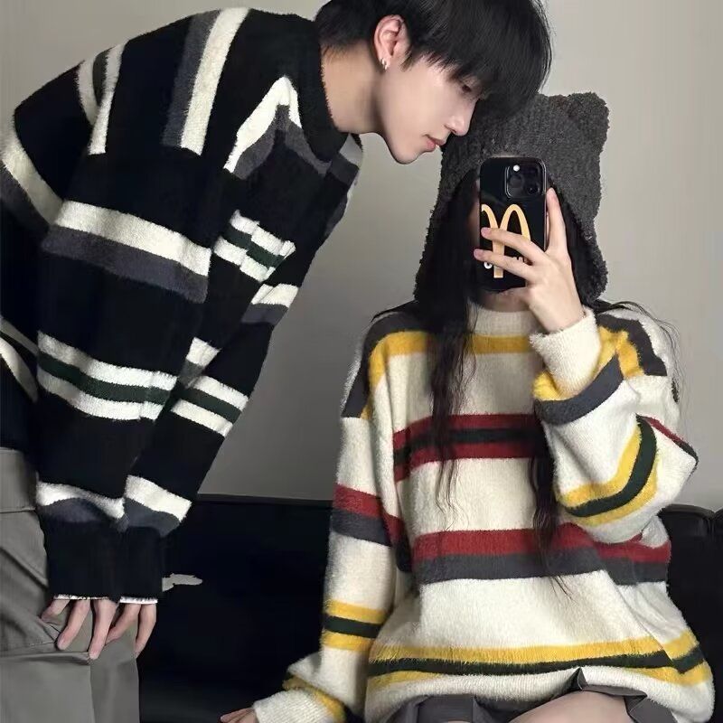 Dopamine color striped sweaters for male couples trendy niche soft and waxy autumn and winter lazy loose ins versatile sweaters