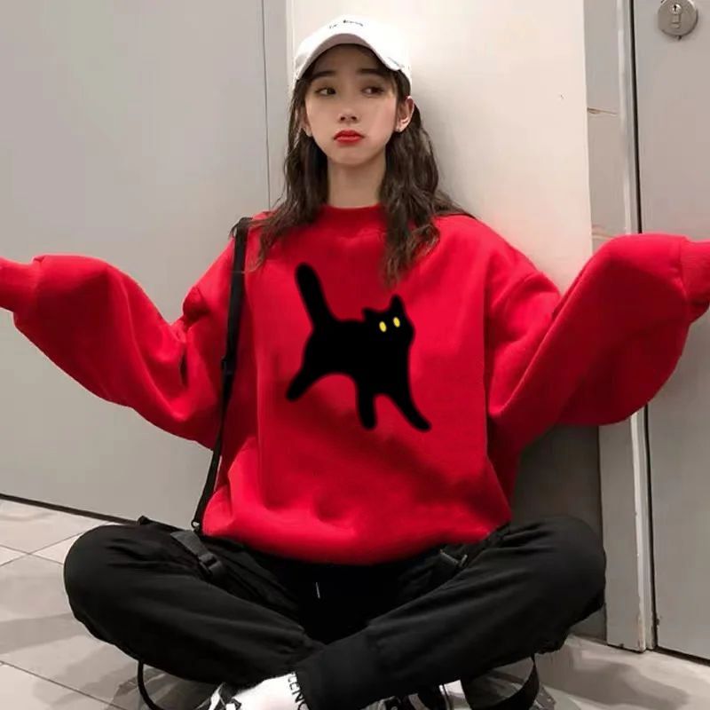 紅色衛衣女秋冬加絨加厚無帽圓領小個子韓版紅色龍年本命年衣服