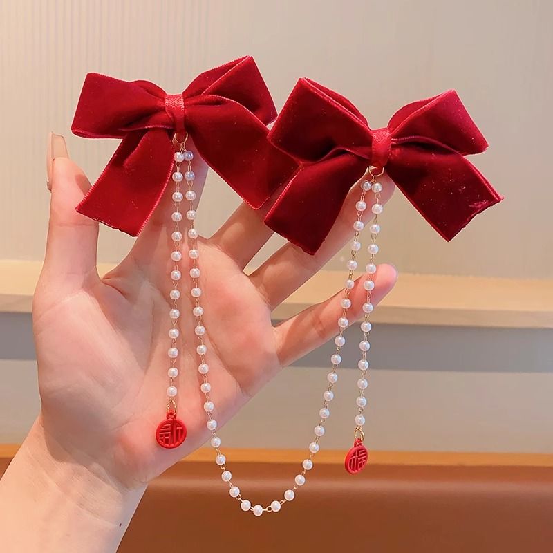 Children's red bow hairpin baby princess tassel New Year's headdress girl's pearl hairpin little girl's New Year