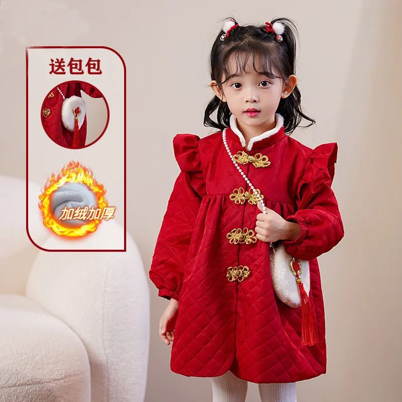 女童漢服2024過年服中國風拜年服冬季女寶寶旗袍周歲禮服加絨裙裝