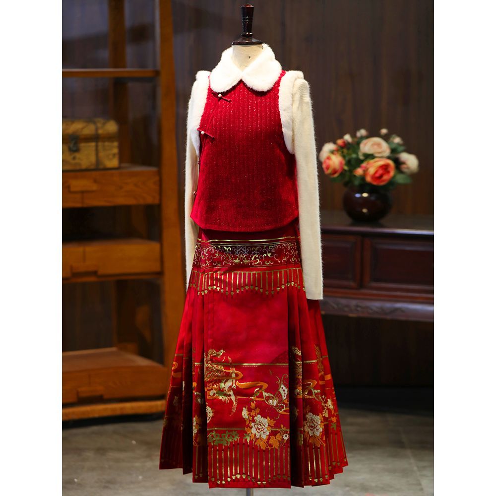 红色国风超仙秋冬马甲女装新中式过年拜年服旗袍订婚礼裙平时可穿