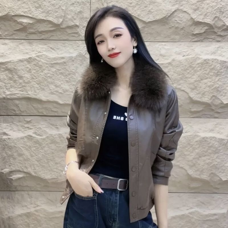 皮衣外套女2023新款秋冬高級感加絨加厚時尚女士修身顯瘦長袖上衣