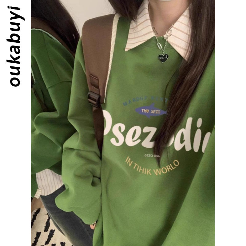 OUKABUYI450G重磅銀狐絨純棉圓領衛衣女美式校園帥氣高街寬鬆上衣
