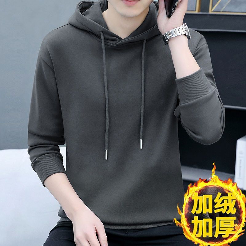 Winter new handsome casual and versatile tops for men, fashionable and trendy men's outerwear, velvet warm hooded sweatshirts