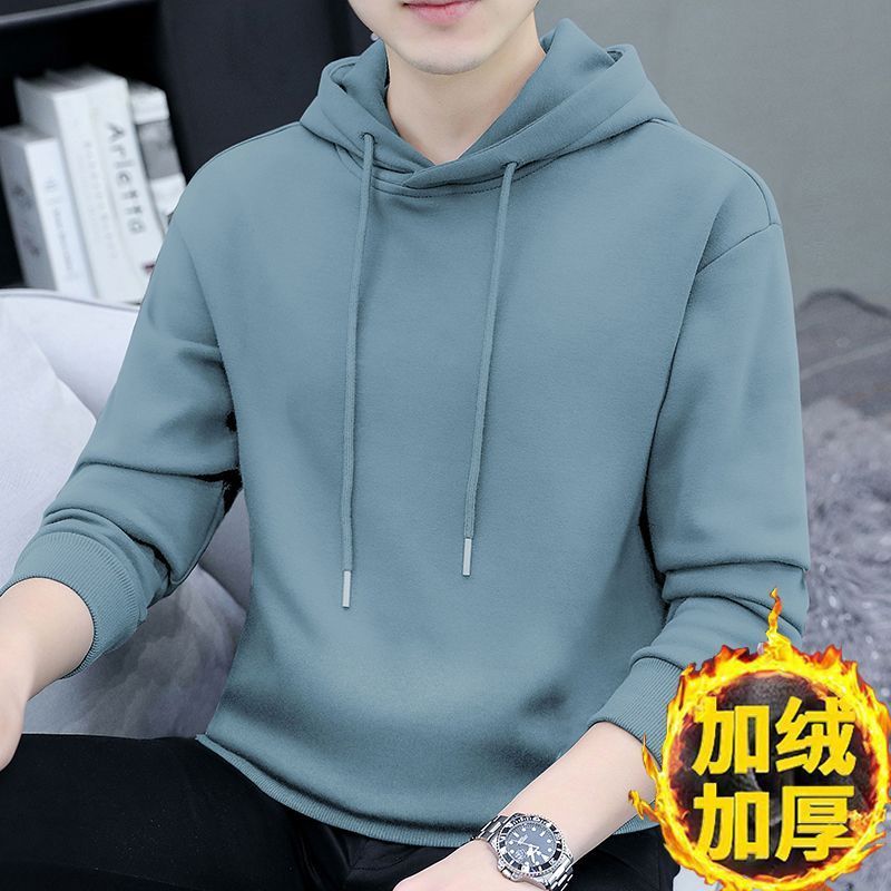 Winter new handsome casual and versatile tops for men, fashionable and trendy men's outerwear, velvet warm hooded sweatshirts