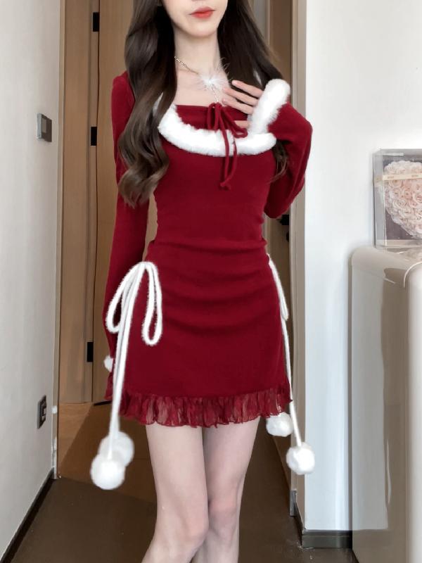 新年圣诞小红裙毛毛方领氛围感收腰修身显瘦长袖连衣裙子女冬新款