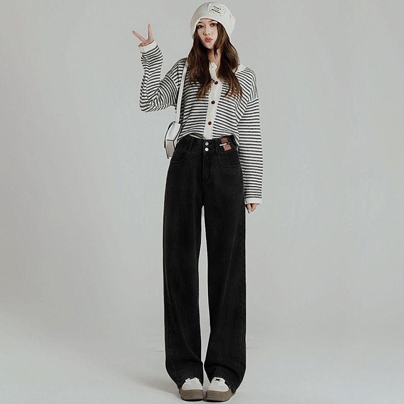 2023秋冬新款雙排扣高腰牛仔褲女垂感顯瘦百搭個性直筒牛仔褲潮