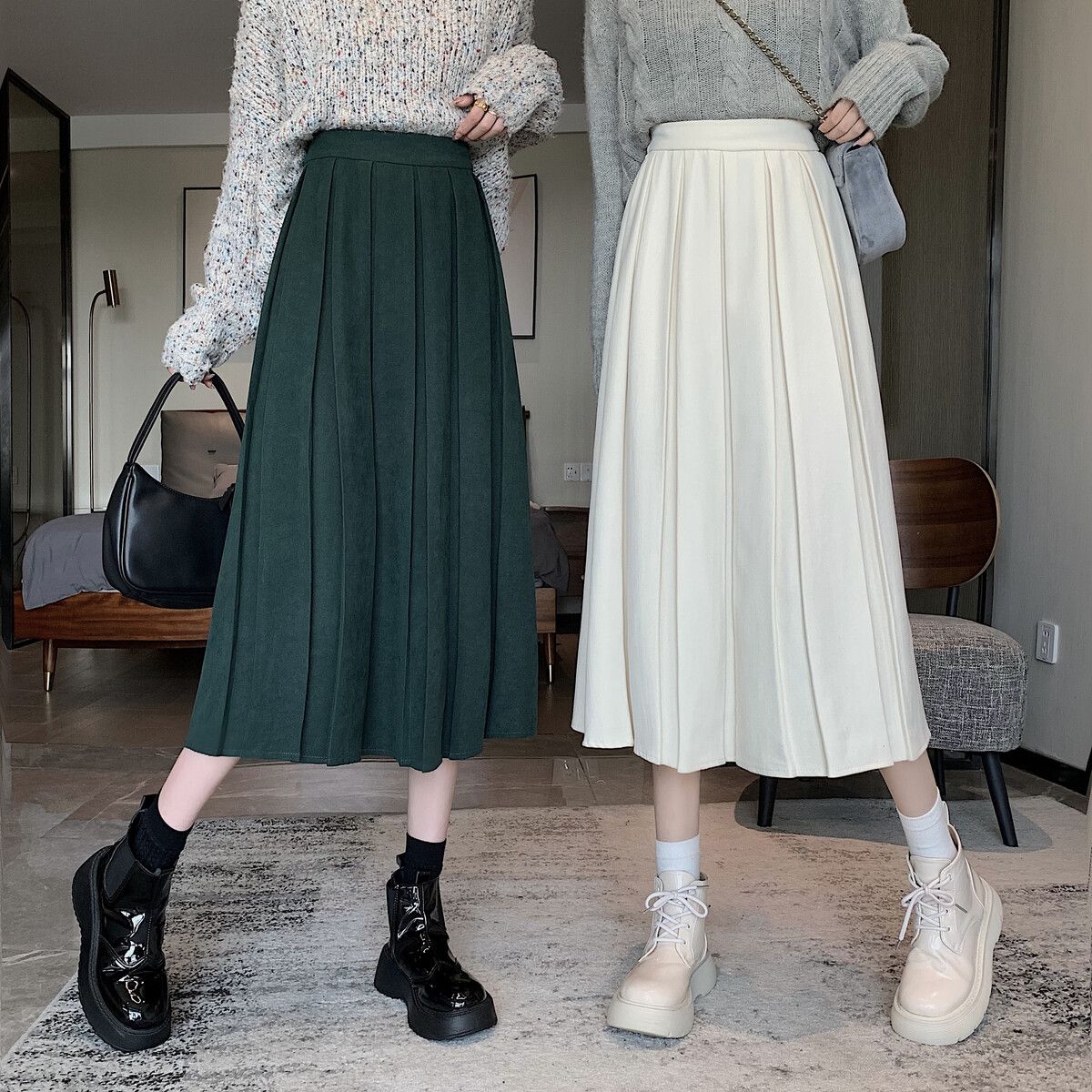  Fashion New Style Solid Color High Waist Slim Mid-Length Pleated Skirt Retro Style Versatile Skirt