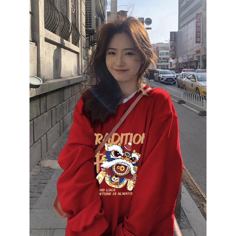 冬季炸街情侶衛衣女復古chic新年紅色加絨上衣ins大碼本命年外套