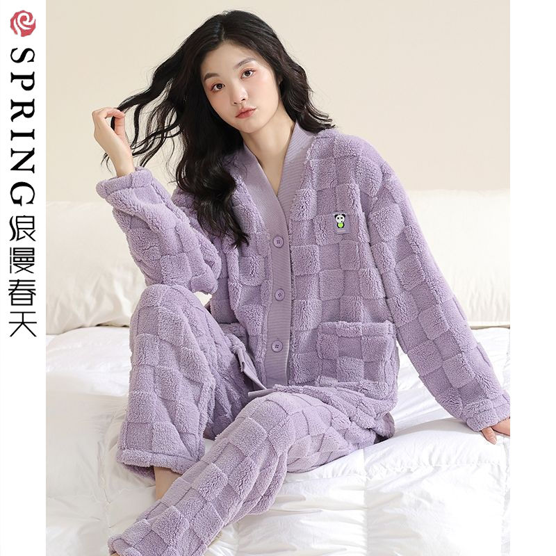 浪漫春天睡衣女冬季2023新款珊瑚絨加絨加厚法蘭絨秋冬家居服套裝
