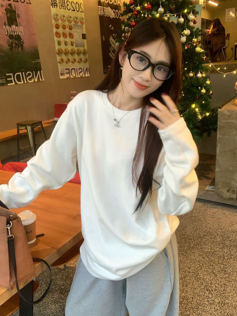 加厚雙面德絨圓領白色百搭打底衫女加絨秋冬磨毛內搭寬鬆長袖t恤