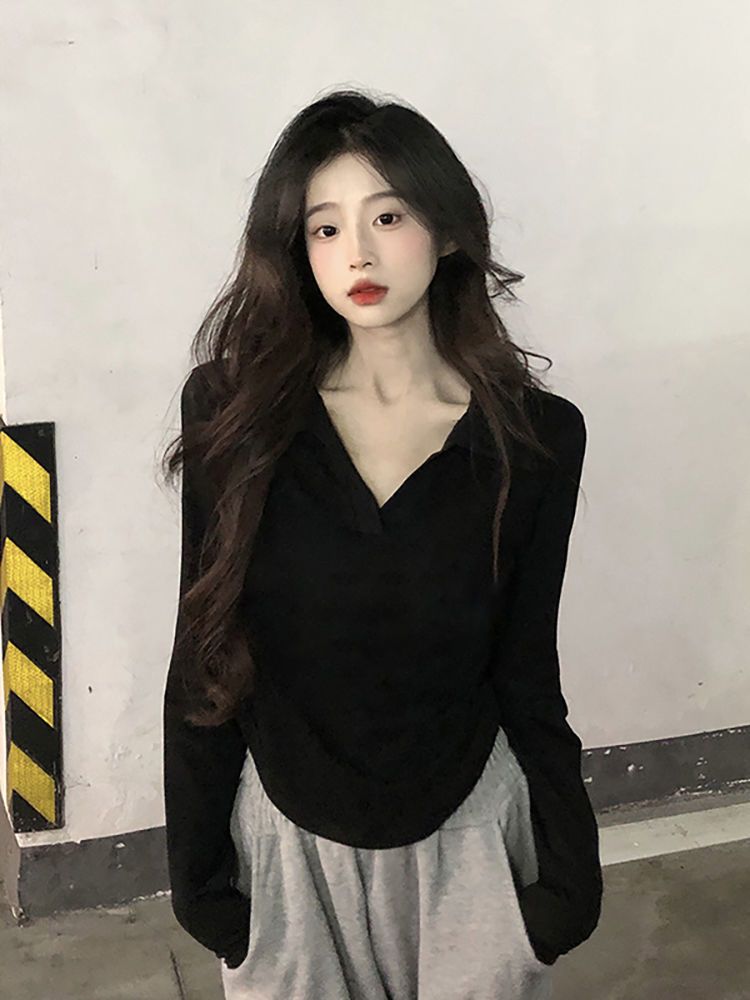 polo領純欲風長袖T恤女新款春秋設計感小眾修身內搭短款辣妹上衣