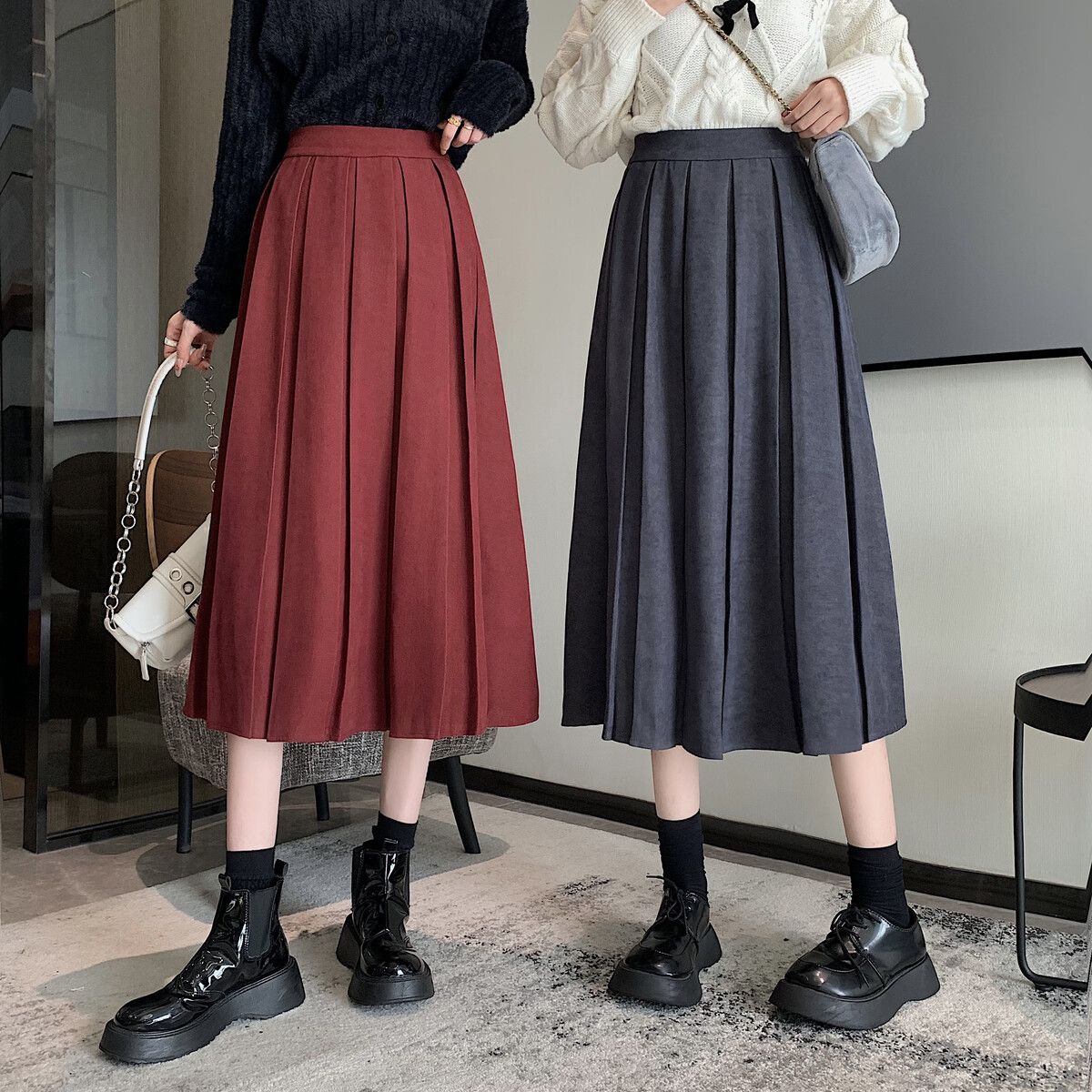  Fashion New Style Solid Color High Waist Slim Mid-Length Pleated Skirt Retro Style Versatile Skirt