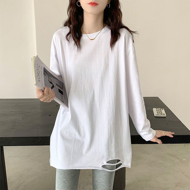 100%純棉韓版破洞長袖T恤女純棉內搭春秋季打底衫秋冬中長款上衣