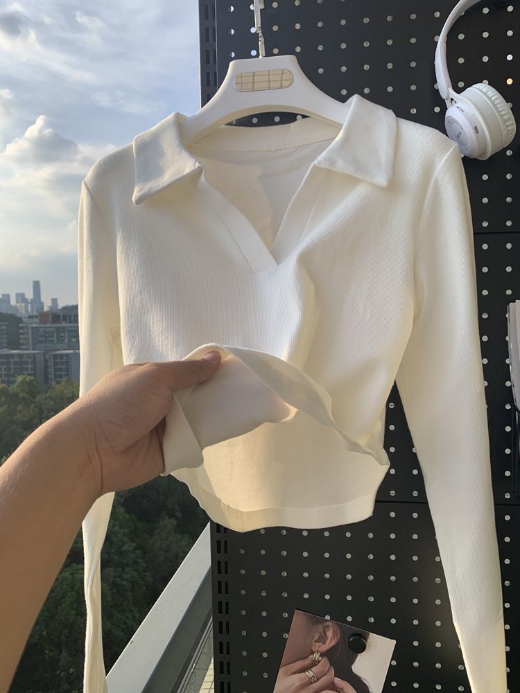 美式Polo領純欲風長袖T恤女2023秋季新款修身內搭打底衫短款上衣