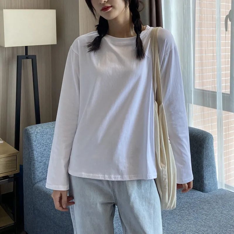 純白色長袖t恤女打底衫純棉韓版寬鬆簡約內搭疊穿上衣ins潮春秋季