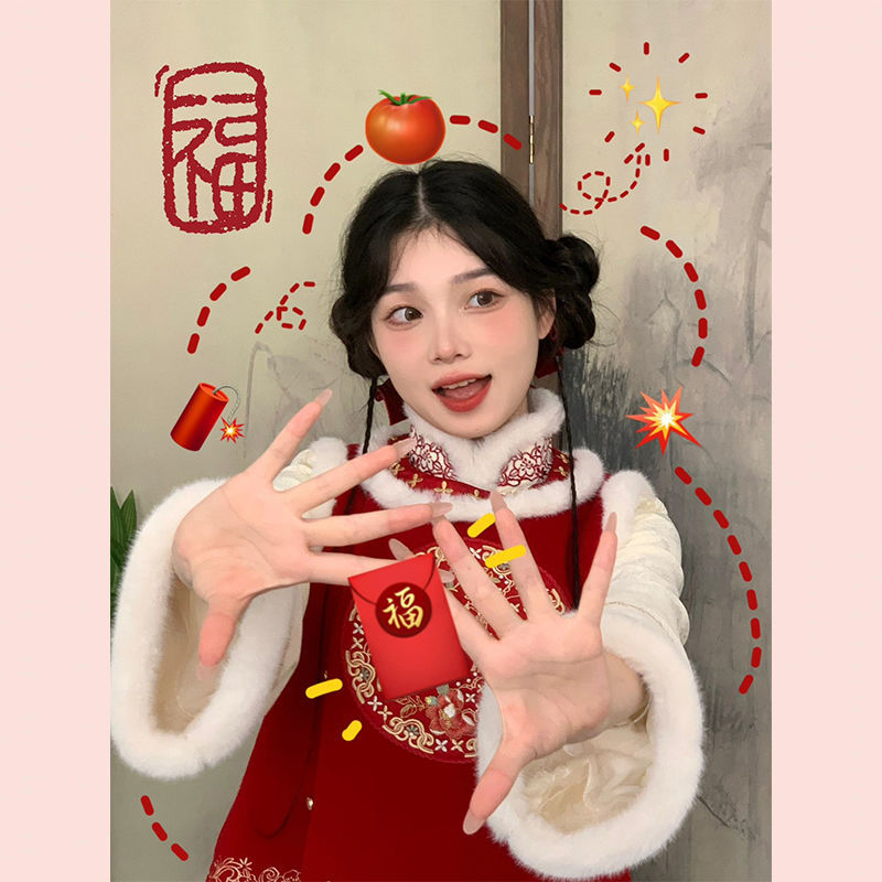 唐裝國風女裝過年新年聖誕氛圍感冬季加厚漢服拜年服紅色兩件套裝