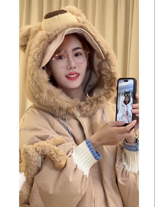 寬鬆慵懶風厚百搭美拉德連帽小熊玩偶拼接棉服外套女秋冬新款可愛