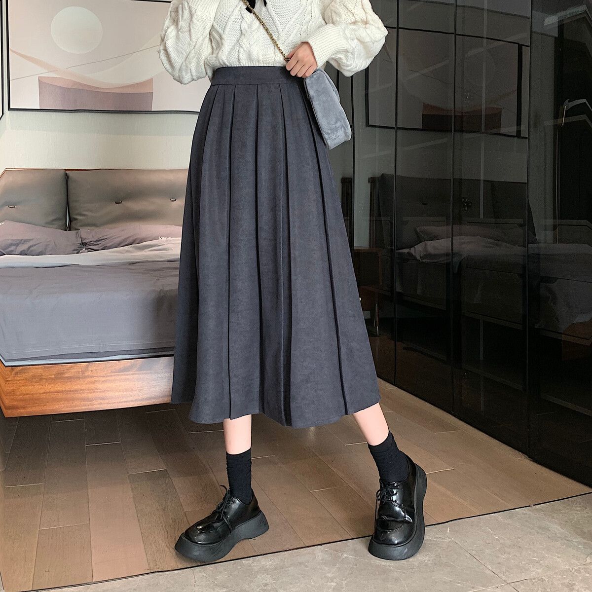  Fashion New Style Solid Color High Waist Slim Mid-Length Pleated Skirt Retro Style Versatile Skirt