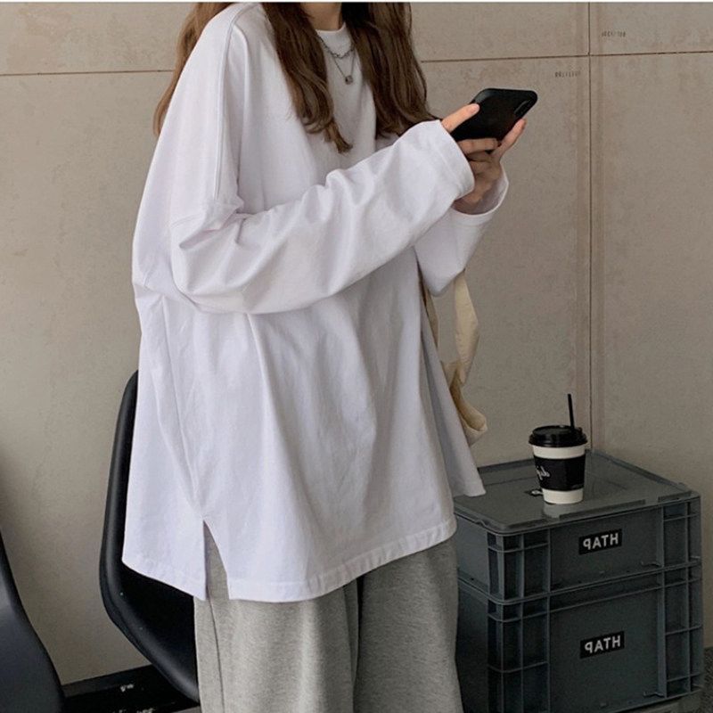 100%純棉長袖t恤女ins潮2023新款寬鬆韓版學生bf風白色打底衫上衣