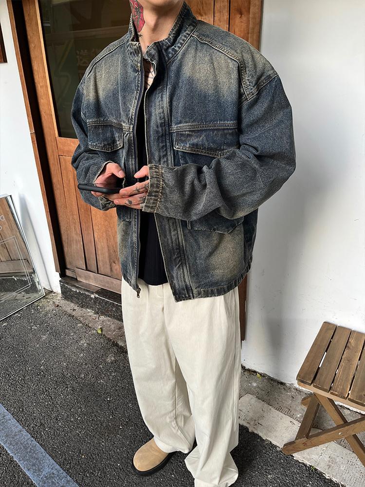 2023 Autumn and Winter "13 oz Heavy" Gradient Washed Pocket Denim Jacket Men's Short Loose Stand Collar Jacket