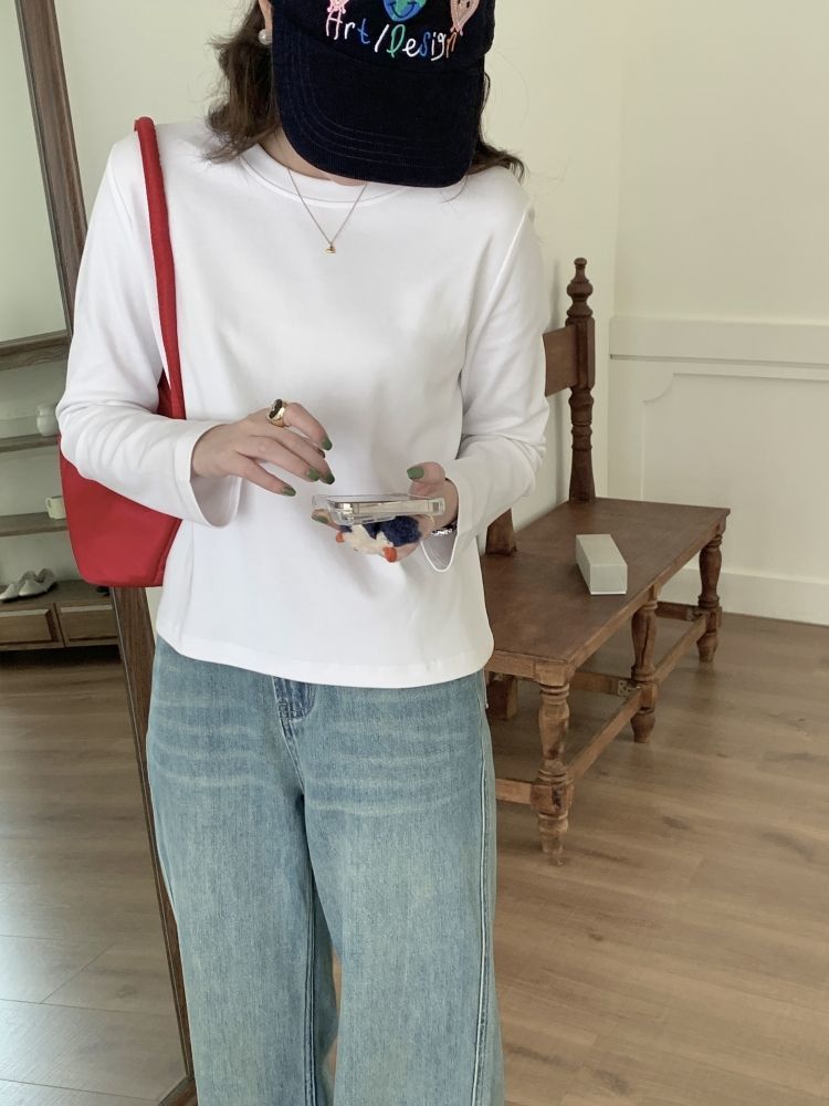 純棉白色t恤女長袖新款韓版寬鬆圓領學生百搭長袖打底衫純色小眾