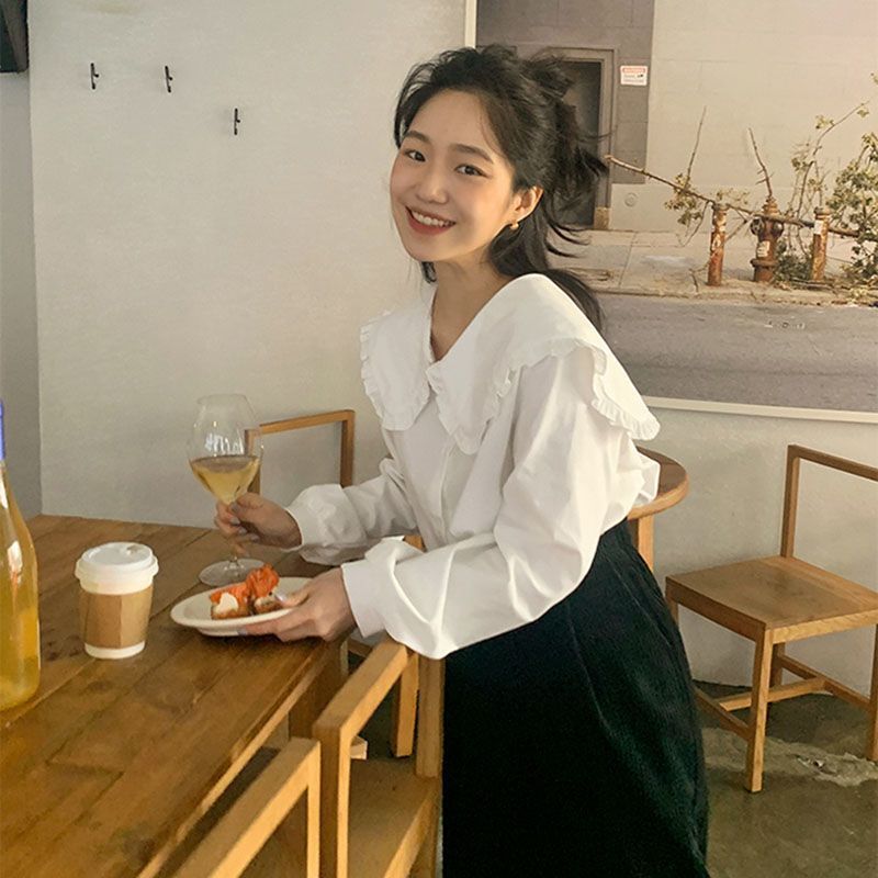 甜美時尚簡約純色長袖襯衫女學生韓版小眾ins風休閒百搭襯衣服