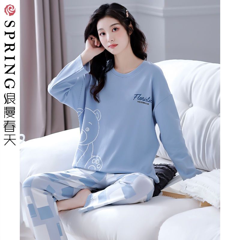 浪漫春天睡衣女士春秋季純棉100%長袖可愛甜美圓領家居服休閒套裝