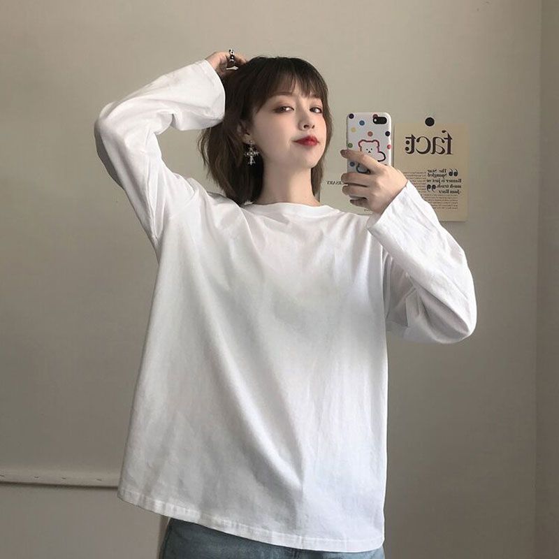 精梳棉寬鬆打底衫女秋冬2023新款圓領基礎款百搭白色長袖T恤