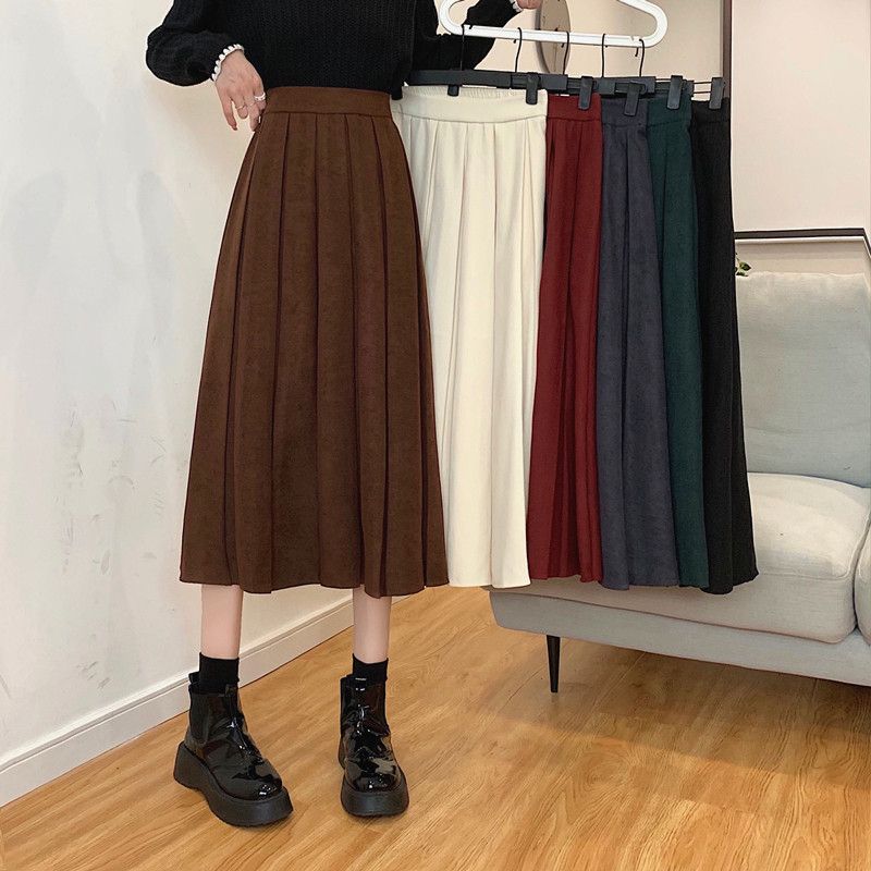  Fashion New Style Solid Color High Waist Slim Mid-Length Pleated Skirt Retro Style Versatile Skirt